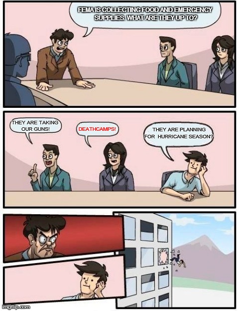 Boardroom Meeting Suggestion Meme | FEMA IS COLLECTING FOOD AND EMERGENCY SUPPLIES. WHAT ARE THEY UP TO? DEATHCAMPS! THEY ARE TAKING OUR GUNS!  THEY ARE PLANNING FOR  HURRICANE | image tagged in memes,boardroom meeting suggestion | made w/ Imgflip meme maker
