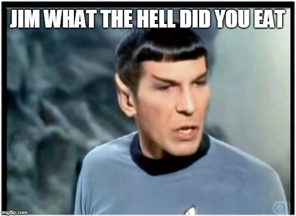 Spock Mad | JIM WHAT THE HELL DID YOU EAT | image tagged in spock mad | made w/ Imgflip meme maker