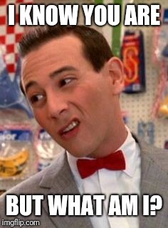 Pee-wee Herman |  I KNOW YOU ARE; BUT WHAT AM I? | image tagged in pee-wee herman | made w/ Imgflip meme maker