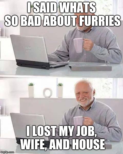 Hide the Pain Harold Meme | I SAID WHATS SO BAD ABOUT FURRIES; I LOST MY JOB, WIFE, AND HOUSE | image tagged in memes,hide the pain harold | made w/ Imgflip meme maker
