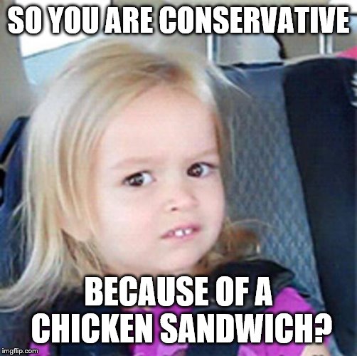 confused girl | SO YOU ARE CONSERVATIVE BECAUSE OF A CHICKEN SANDWICH? | image tagged in confused girl | made w/ Imgflip meme maker