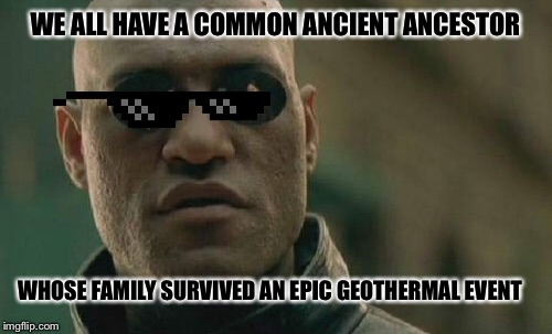 Matrix Morpheus | WE ALL HAVE A COMMON ANCIENT ANCESTOR; WHOSE FAMILY SURVIVED AN EPIC GEOTHERMAL EVENT | image tagged in memes,matrix morpheus | made w/ Imgflip meme maker