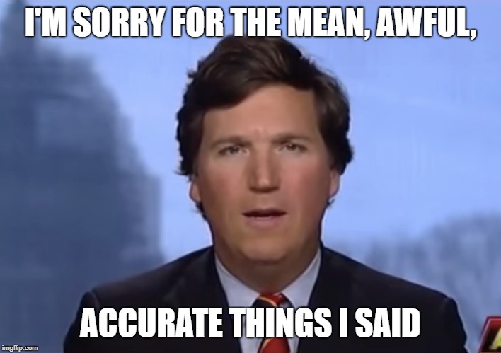 To Rutger Bregman with.....something. | I'M SORRY FOR THE MEAN, AWFUL, ACCURATE THINGS I SAID | image tagged in memes,tucker carlson,economics,rutger bregman | made w/ Imgflip meme maker