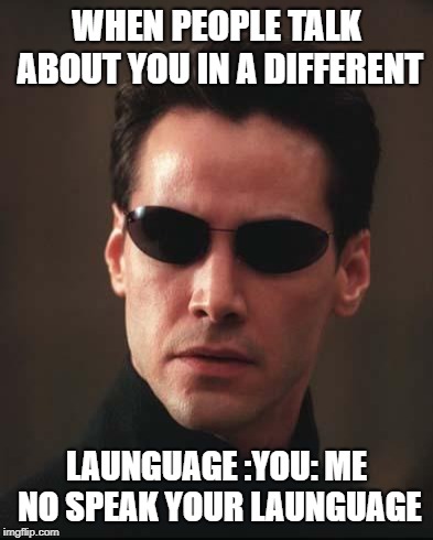 Neo Matrix Keanu Reeves | WHEN PEOPLE TALK ABOUT YOU IN A DIFFERENT; LAUNGUAGE :YOU: ME NO SPEAK YOUR LAUNGUAGE | image tagged in neo matrix keanu reeves | made w/ Imgflip meme maker