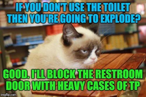 Oh my, you grumpy little cat. Why do you want to hurt us so? | IF YOU DON'T USE THE TOILET THEN YOU'RE GOING TO EXPLODE? GOOD. I'LL BLOCK THE RESTROOM DOOR WITH HEAVY CASES OF TP | image tagged in memes,grumpy cat table,grumpy cat,toilet humor,cats,nuclear explosion | made w/ Imgflip meme maker
