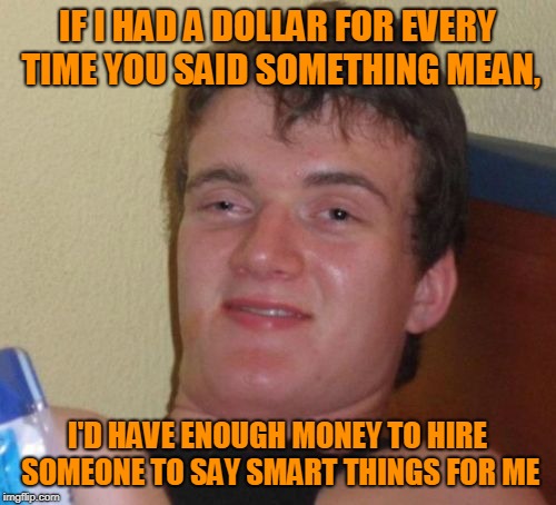 10 Guy Meme | IF I HAD A DOLLAR FOR EVERY TIME YOU SAID SOMETHING MEAN, I'D HAVE ENOUGH MONEY TO HIRE SOMEONE TO SAY SMART THINGS FOR ME | image tagged in memes,10 guy | made w/ Imgflip meme maker