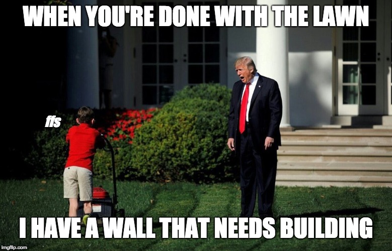 One more thing | WHEN YOU'RE DONE WITH THE LAWN; ffs; I HAVE A WALL THAT NEEDS BUILDING | image tagged in shouty trump,memes,trump,build a wall,winning | made w/ Imgflip meme maker