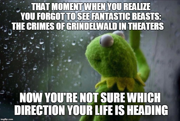crimes of grindelwald meme | THAT MOMENT WHEN YOU REALIZE YOU FORGOT TO SEE FANTASTIC BEASTS: THE CRIMES OF GRINDELWALD IN THEATERS; NOW YOU'RE NOT SURE WHICH DIRECTION YOUR LIFE IS HEADING | image tagged in sad kermit | made w/ Imgflip meme maker