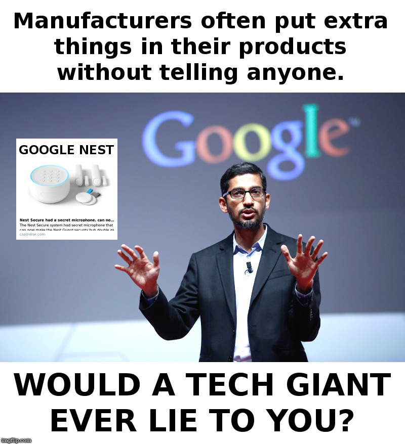 That Secret Nest Microphone | image tagged in google,nest guard,sundar pichai,is your toaster listening | made w/ Imgflip meme maker