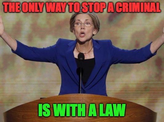 Elizabeth Warren Logic |  THE ONLY WAY TO STOP A CRIMINAL; IS WITH A LAW | image tagged in elizabeth warren,memes,pocahontas,politics,political meme,laws | made w/ Imgflip meme maker