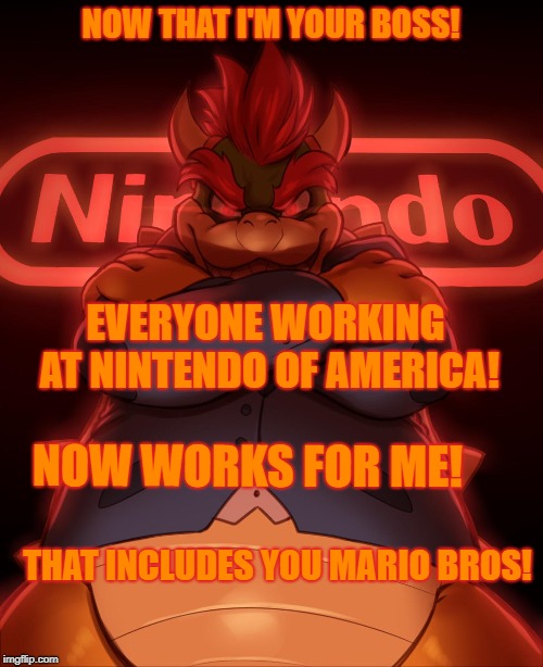 President Bowser NOA! | NOW THAT I'M YOUR BOSS! EVERYONE WORKING AT NINTENDO OF AMERICA! NOW WORKS FOR ME! THAT INCLUDES YOU MARIO BROS! | image tagged in nintendo,bowser,president,boss | made w/ Imgflip meme maker