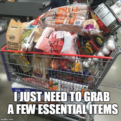 Shopping Cart | I JUST NEED TO GRAB A FEW ESSENTIAL ITEMS | image tagged in shopping cart | made w/ Imgflip meme maker