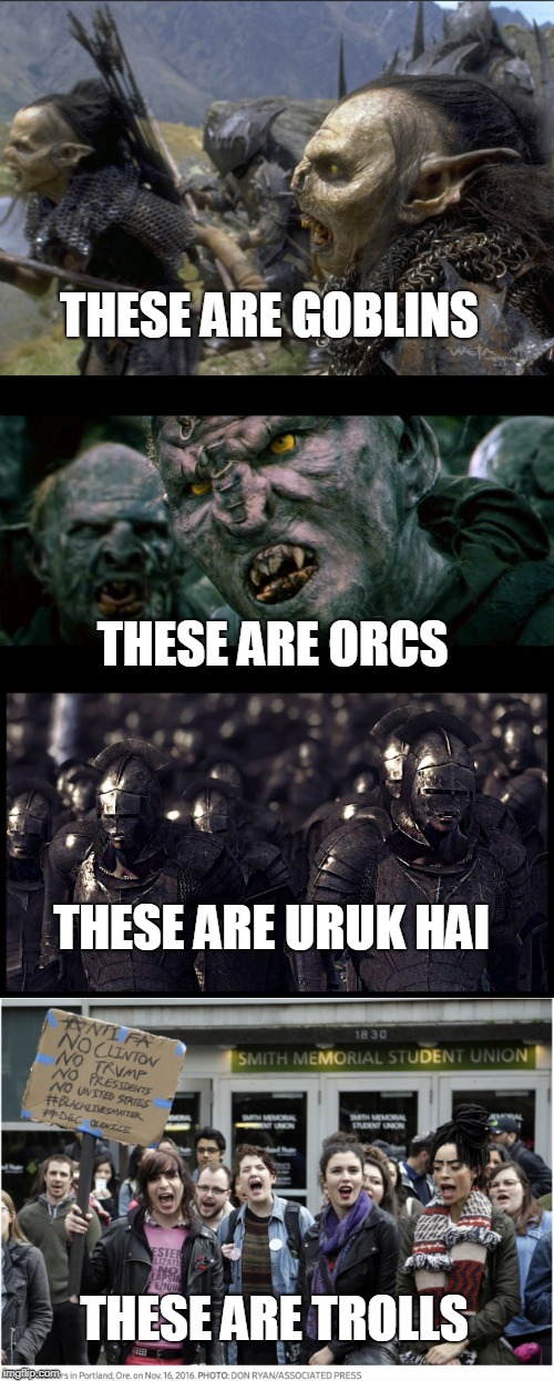 Know Your Middle Earth | THESE ARE GOBLINS; THESE ARE ORCS; THESE ARE URUK HAI; THESE ARE TROLLS | image tagged in lotr,antifa,trolls,funny | made w/ Imgflip meme maker