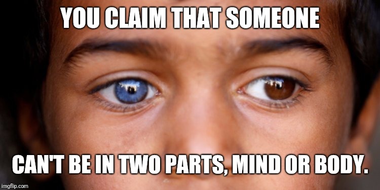 YOU CLAIM THAT SOMEONE; CAN'T BE IN TWO PARTS, MIND OR BODY. | made w/ Imgflip meme maker