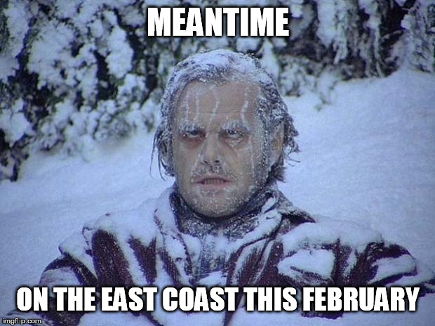 Jack Nicholson The Shining Snow Meme | MEANTIME ON THE EAST COAST THIS FEBRUARY | image tagged in memes,jack nicholson the shining snow | made w/ Imgflip meme maker