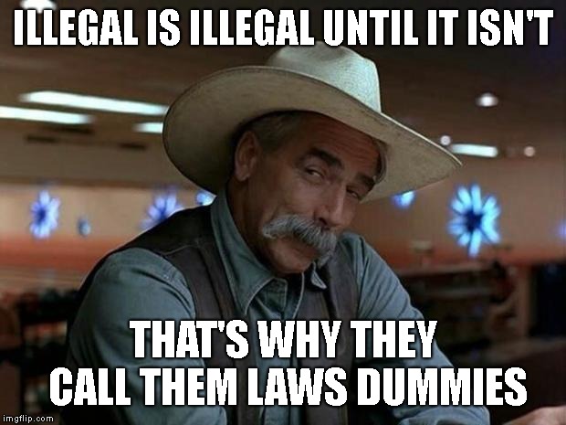 special kind of stupid | ILLEGAL IS ILLEGAL UNTIL IT ISN'T THAT'S WHY THEY CALL THEM LAWS DUMMIES | image tagged in special kind of stupid | made w/ Imgflip meme maker