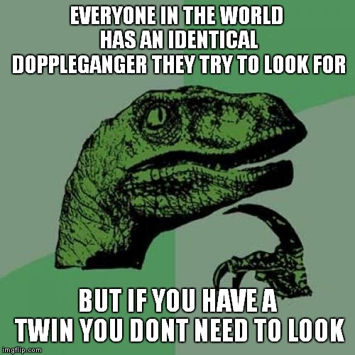Philosoraptor | EVERYONE IN THE WORLD HAS AN IDENTICAL DOPPLEGANGER THEY TRY TO LOOK FOR; BUT IF YOU HAVE A TWIN YOU DONT NEED TO LOOK | image tagged in memes,philosoraptor | made w/ Imgflip meme maker