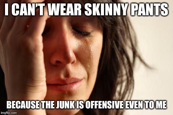 First World Problems Meme | I CAN’T WEAR SKINNY PANTS BECAUSE THE JUNK IS OFFENSIVE EVEN TO ME | image tagged in memes,first world problems | made w/ Imgflip meme maker