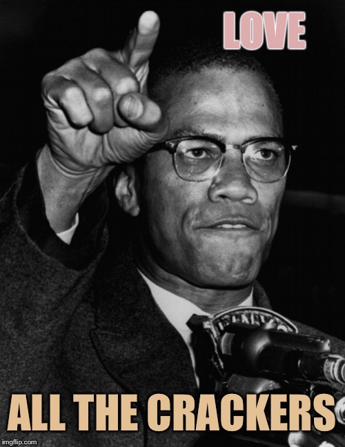 Malcolm X | LOVE ALL THE CRACKERS | image tagged in malcolm x | made w/ Imgflip meme maker