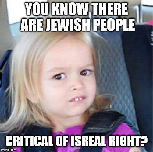 confused girl | YOU KNOW THERE ARE JEWISH PEOPLE CRITICAL OF ISREAL RIGHT? | image tagged in confused girl | made w/ Imgflip meme maker