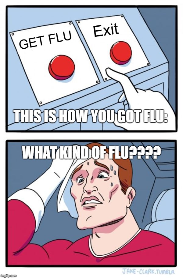 Two Buttons Meme | GET FLU Exit THIS IS HOW YOU GOT FLU: WHAT KIND OF FLU???? | image tagged in memes,two buttons | made w/ Imgflip meme maker