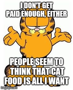 Garfield shrug | I DON'T GET PAID ENOUGH, EITHER PEOPLE SEEM TO THINK THAT CAT FOOD IS ALL I WANT | image tagged in garfield shrug | made w/ Imgflip meme maker