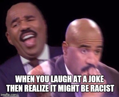 Steve Harvey Laughing Serious | WHEN YOU LAUGH AT A JOKE THEN REALIZE IT MIGHT BE RACIST | image tagged in steve harvey laughing serious | made w/ Imgflip meme maker