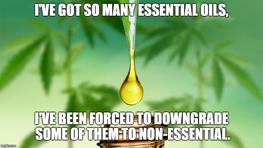 CBD oil | I'VE GOT SO MANY ESSENTIAL OILS, I'VE BEEN FORCED TO DOWNGRADE SOME OF THEM TO NON-ESSENTIAL. | image tagged in cbd oil | made w/ Imgflip meme maker