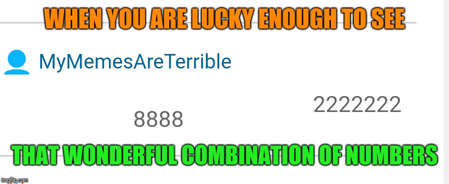 I Was Lucky To See This.
 | WHEN YOU ARE LUCKY ENOUGH TO SEE; THAT WONDERFUL COMBINATION OF NUMBERS | image tagged in memes,imgflip users,mymemesareterrible | made w/ Imgflip meme maker
