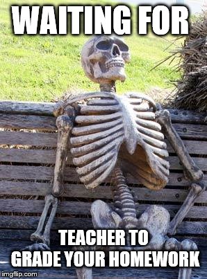 Waiting Skeleton Meme | WAITING FOR; TEACHER TO GRADE YOUR HOMEWORK | image tagged in memes,waiting skeleton | made w/ Imgflip meme maker