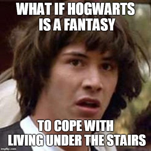 Conspiracy Keanu Meme | WHAT IF HOGWARTS IS A FANTASY; TO COPE WITH LIVING UNDER THE STAIRS | image tagged in memes,conspiracy keanu | made w/ Imgflip meme maker