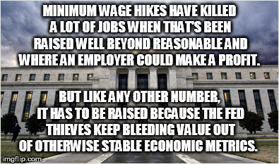 The Federal Reserve | MINIMUM WAGE HIKES HAVE KILLED A LOT OF JOBS WHEN THAT'S BEEN RAISED WELL BEYOND REASONABLE AND WHERE AN EMPLOYER COULD MAKE A PROFIT. BUT L | image tagged in the federal reserve | made w/ Imgflip meme maker