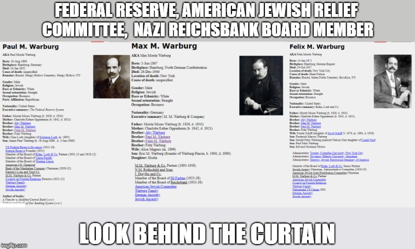 FEDERAL RESERVE, AMERICAN JEWISH RELIEF COMMITTEE,  NAZI REICHSBANK BOARD MEMBER; LOOK BEHIND THE CURTAIN | image tagged in bank,crime,hitler | made w/ Imgflip meme maker