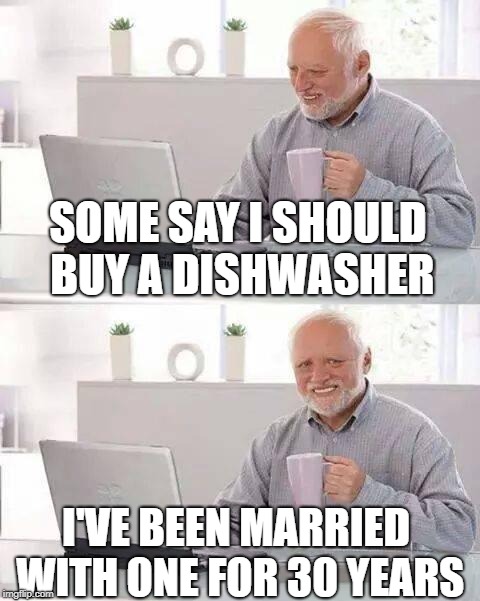 Hide the Pain Harold Meme | SOME SAY I SHOULD BUY A DISHWASHER; I'VE BEEN MARRIED WITH ONE FOR 30 YEARS | image tagged in memes,hide the pain harold | made w/ Imgflip meme maker