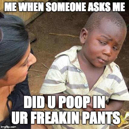 Third World Skeptical Kid | ME WHEN SOMEONE ASKS ME; DID U POOP IN UR FREAKIN PANTS | image tagged in memes,third world skeptical kid | made w/ Imgflip meme maker