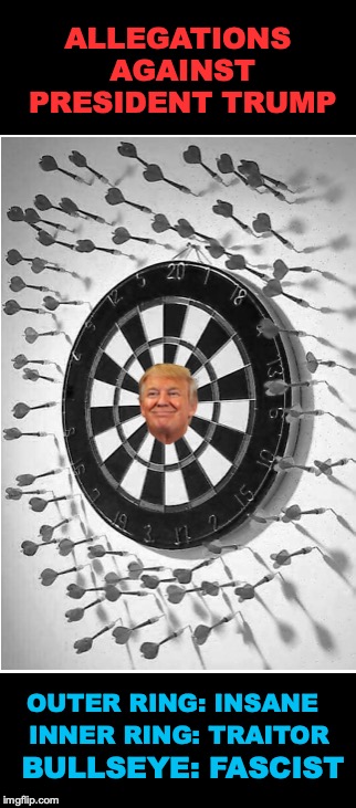 Slinging The 'Arrows of Outrageous Fortune' | ALLEGATIONS AGAINST PRESIDENT TRUMP; OUTER RING: INSANE; INNER RING: TRAITOR; BULLSEYE: FASCIST | image tagged in president trump,attack,msm lies,fake news | made w/ Imgflip meme maker