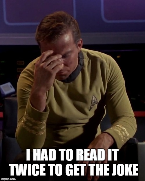 Kirk face palm | I HAD TO READ IT TWICE TO GET THE JOKE | image tagged in kirk face palm | made w/ Imgflip meme maker