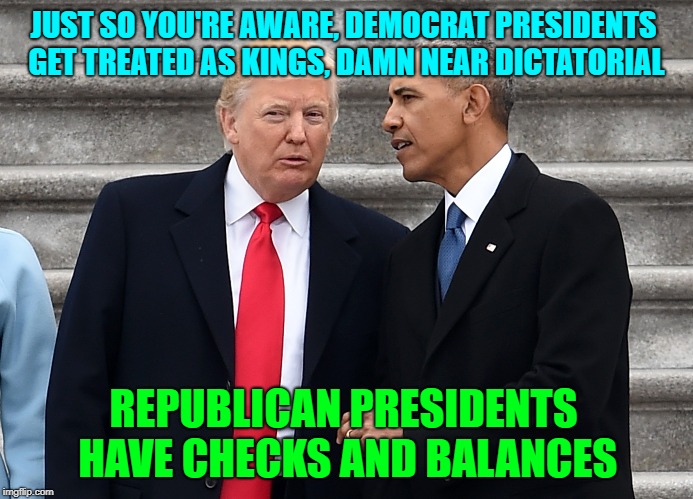 Aint it the truth 2 | JUST SO YOU'RE AWARE, DEMOCRAT PRESIDENTS GET TREATED AS KINGS, DAMN NEAR DICTATORIAL; REPUBLICAN PRESIDENTS HAVE CHECKS AND BALANCES | image tagged in president trump,big government | made w/ Imgflip meme maker