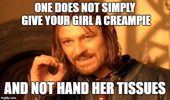 One Does Not Simply | ONE DOES NOT SIMPLY GIVE YOUR GIRL A CREAMPIE; AND NOT HAND HER TISSUES | image tagged in memes,one does not simply | made w/ Imgflip meme maker