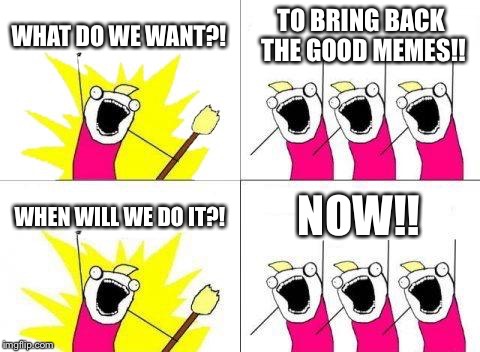 What Do We Want | WHAT DO WE WANT?! TO BRING BACK THE GOOD MEMES!! WHEN WILL WE DO IT?! NOW!! | image tagged in memes,what do we want | made w/ Imgflip meme maker