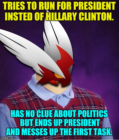 TRIES TO RUN FOR PRESIDENT INSTED OF HILLARY CLINTON. HAS NO CLUE ABOUT POLITICS BUT ENDS UP PRESIDENT AND MESSES UP THE FIRST TASK. | image tagged in bad luck blaze the blaziken | made w/ Imgflip meme maker