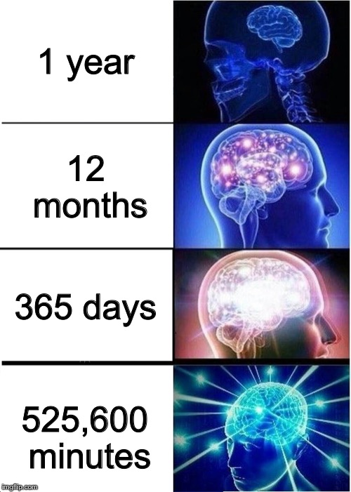 Expanding Brain | 1 year; 12 months; 365 days; 525,600 minutes | image tagged in memes,expanding brain,rent,year | made w/ Imgflip meme maker