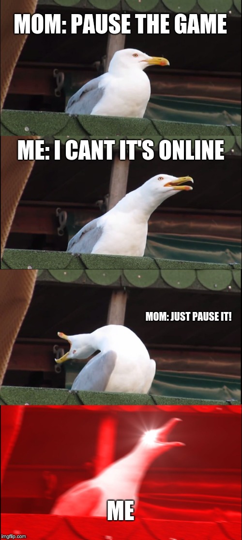 Inhaling Seagull | MOM: PAUSE THE GAME; ME: I CANT IT'S ONLINE; MOM: JUST PAUSE IT! ME | image tagged in memes,inhaling seagull | made w/ Imgflip meme maker