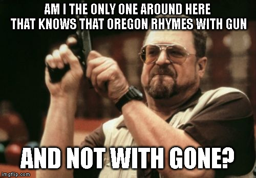 Am I The Only One Around Here Meme | AM I THE ONLY ONE AROUND HERE THAT KNOWS THAT OREGON RHYMES WITH GUN AND NOT WITH GONE? | image tagged in memes,am i the only one around here | made w/ Imgflip meme maker