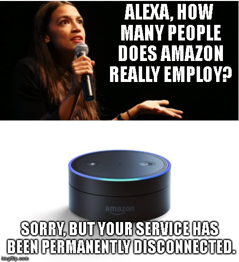 The Answer is 566,000 people currently work for Amazon. | ALEXA, HOW MANY PEOPLE DOES AMAZON REALLY EMPLOY? SORRY, BUT YOUR SERVICE HAS BEEN PERMANENTLY DISCONNECTED. | image tagged in amazon,jeff bezos,dialtone,crickets,aoc,alexandria ocasio-cortez | made w/ Imgflip meme maker
