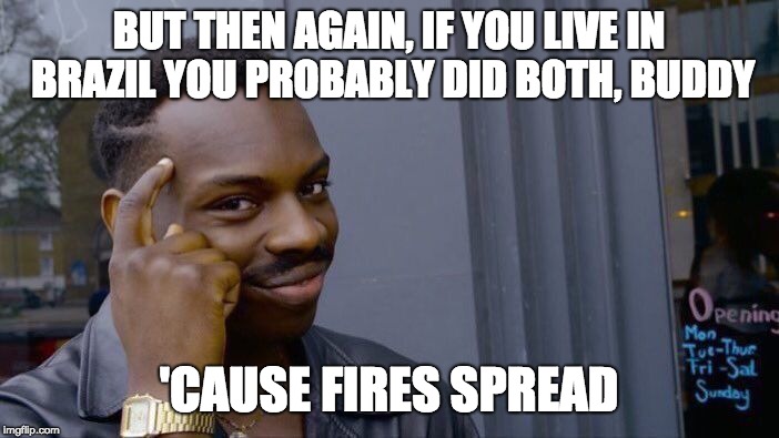 Roll Safe Think About It Meme | BUT THEN AGAIN, IF YOU LIVE IN BRAZIL YOU PROBABLY DID BOTH, BUDDY 'CAUSE FIRES SPREAD | image tagged in memes,roll safe think about it | made w/ Imgflip meme maker