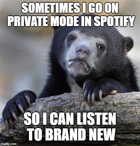 Confession Bear | SOMETIMES I GO ON PRIVATE MODE IN SPOTIFY; SO I CAN LISTEN TO BRAND NEW | image tagged in memes,confession bear | made w/ Imgflip meme maker