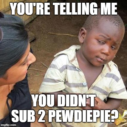 Third World Skeptical Kid | YOU'RE TELLING ME; YOU DIDN'T SUB 2 PEWDIEPIE? | image tagged in memes,third world skeptical kid | made w/ Imgflip meme maker