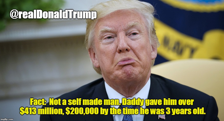 Trump not self made man |  @realDonaldTrump; Fact:  Not a self made man. Daddy gave him over $413 million, $200,000 by the time he was 3 years old. | image tagged in trump,donald trump,fred trump,president,elite | made w/ Imgflip meme maker