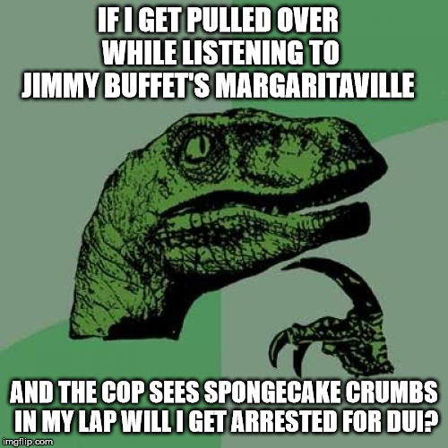 Margarita Raptor  | IF I GET PULLED OVER WHILE LISTENING TO JIMMY BUFFET'S MARGARITAVILLE; AND THE COP SEES SPONGECAKE CRUMBS IN MY LAP WILL I GET ARRESTED FOR DUI? | image tagged in memes,philosoraptor,margarita | made w/ Imgflip meme maker